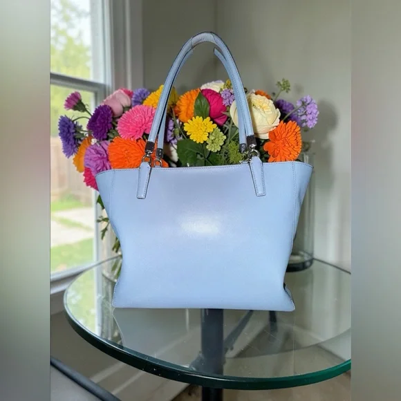 3FER Coach Light Blue Saffiano Leather Crossbody with Floral Print Accent - Picture 2 of 9